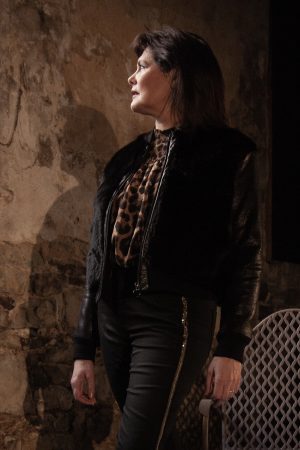 Black wild rabbit fur bomber jacket with sparkle coated woollen sleeves