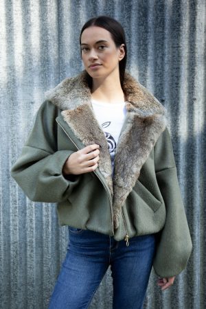 This 100% wool jacket combined with New Zealand wild rabbit fur, makes for a perfect ‘creature comfort’.