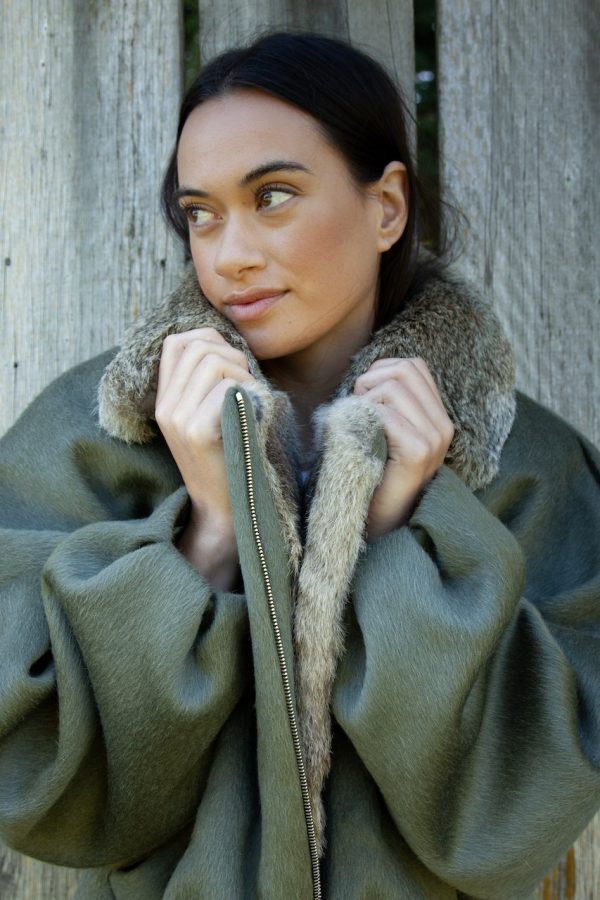 This 100% wool jacket combined with New Zealand wild rabbit fur, makes for a perfect ‘creature comfort’.