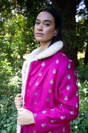 A hot pink vintage sari coat with a heart of vintage white mink fur