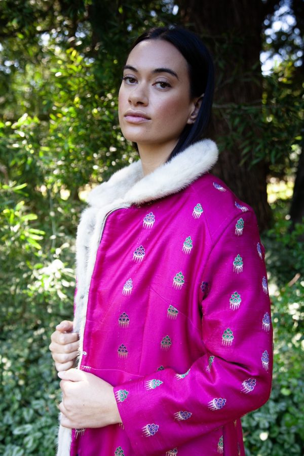 A hot pink vintage sari coat with a heart of vintage white mink fur